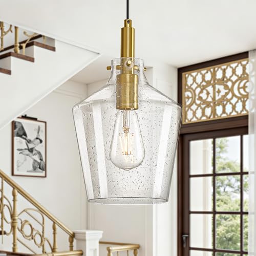 Seeded Glass Pendant Lighting for Kitchen Island Foyer 1 Pack Gold 8 Inch