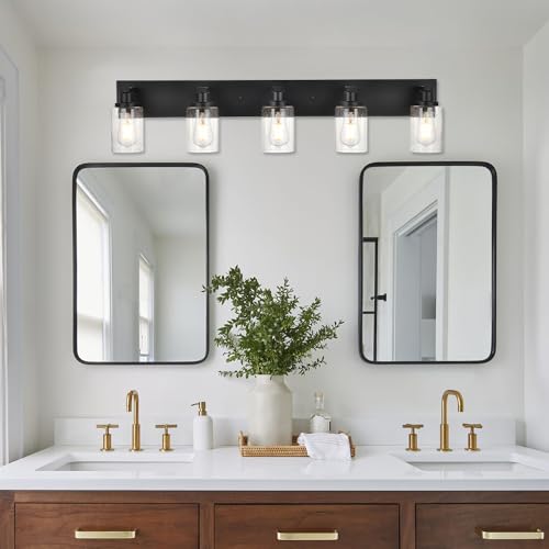 5 Lights Farmhouse Bathroom Vanity Light in Black Finish Wall Mount Lighting Fixtures with Seeded Glass for Mirror Cabinet Kitchen Bedroom