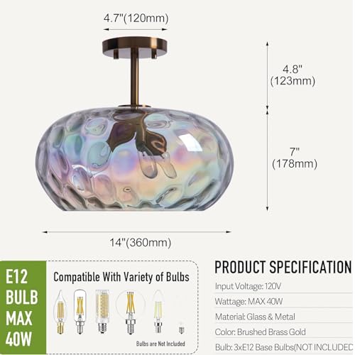 Brass Gold Semi Flush Mount Ceiling Fixture Large Hammered Glass Shade Modern Close to Ceiling Light 14" Art Lampshade for Hallway Foyer Bedroom