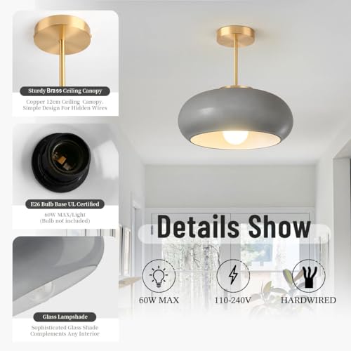 Gray Semi Flush Mount Ceiling Light Mid Century Light Fixture Nursery Close to Ceiling Lights Hallway Gold Semi Flush Mount Lamp Modern Porch Glass Chandeliers Entryway Overhead Light