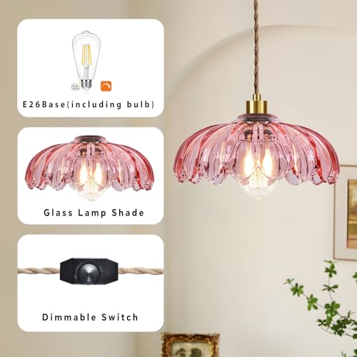 Pink Plug in Pendant Light Glass Hanging Lights with Plug in Cord Boho Hanging Lamp Gold Mid Century Modern Vintage Dimmable Flower Plug in Chandelier Ceiling Fixture for Living Room