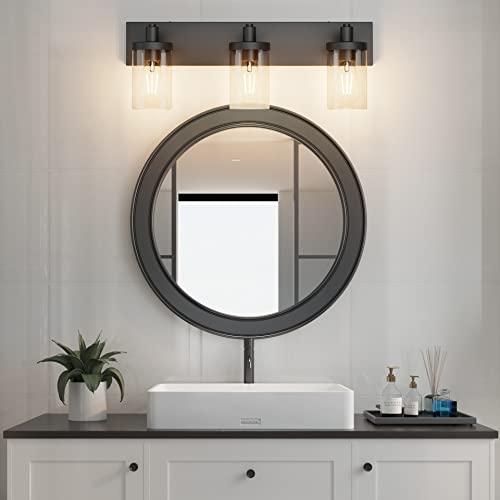 Black Vanity Light for Bathroom 3 Light Farmhouse Bathroom Lights Fixtures Over Mirror with Clear Glass Shade