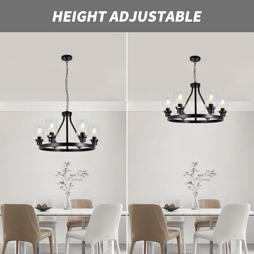 6 Light Farmhouse Chandelier Light Fixture Dining Room Lighting Fixtures Hanging Wagon Wheel Chandelier Kitchen Island Pendant Lights Modern Black Industrial Rustic Adjustable Height Metal