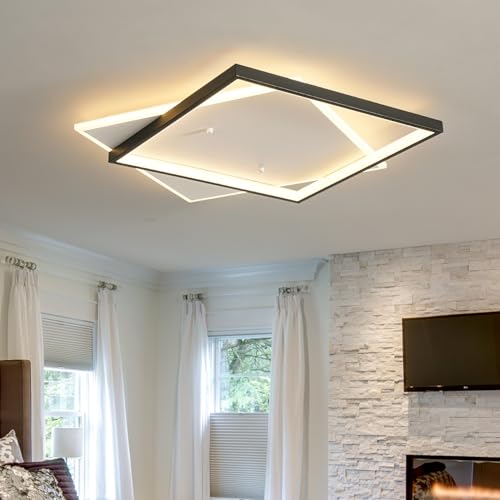 Black Modern LED Bedroom Ceiling Light Dimmable Flush Mount Ceiling Light Fixture 22" Square Ceiling Lamp with Remote Control Kitchen Lighting Fixture Ceiling