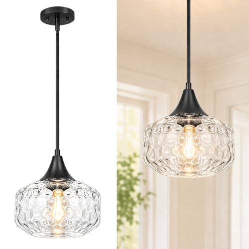 DSMJFU Black Pendant Lights Kitchen Island with Hammered Glass Over Table