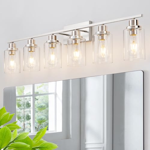 6 Light Bathroom Light Fixtures Brushed Nickel Vanity Light Over Mirror Modern Farmhouse Wall Lighting Sconces Wall Lamp for Bathroom