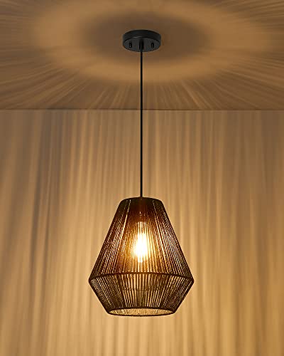 Modern Woven Pendant Light Fixtures 11.8" Farmhouse Coastal Hanging Lamp Matte Black Handwoven Rattan Basket Shade Boho Pendant Light for Kitchen Island Dining Room Bar Bedroom Foyer Hallway