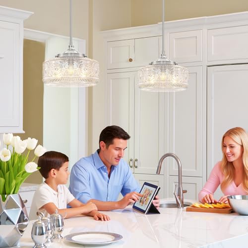 Brushed Nickel 3 Light Pendant Light for Kitchen Island with Etched Glass