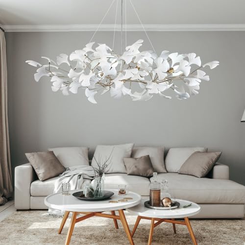 Tree Branch Chandelier White Ceramic Ginkgo Leaf Chandeliers L47 Inch Brass Rectangle Chandelier Large Luxury Hanging Lights Fixture for Dining Room Living Room