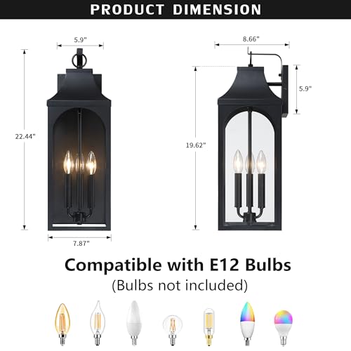 22-Inch 3-Light Outdoor Porch Wall Lantern, Black Exterior Light
