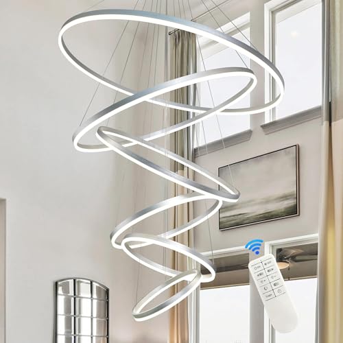 6 Rings Pendant Lights 47.2'' Modern Height Adjustable Chandeliers Sliver Led Chandelier Dimmable Sliver Chandelier Led Pendant Light for Dining Room Bedroom Living Room