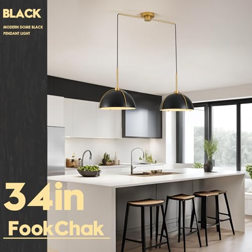 Black Dome Pendant Light 2 Light Socket Large Pendant Light Fixture with Adjustable Pendant Cord Black Gold Pendant Lighting for Kitchen Island Dining Room Kitchen Sink