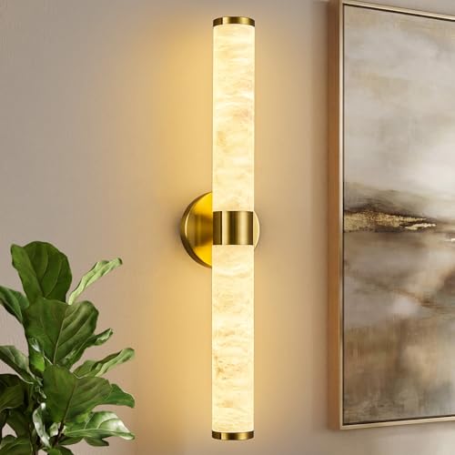 Natural Alabaster Wall Sconces Modern Gold LED Wall Lights 24" Spanish Marble Cylinder Sconces for Living Room Bedroom Bathroom Hallway