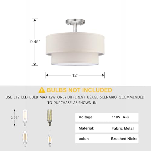 3 Light 12" Cream Fabric Brushed Nickel Semi Flush Mount Close to Ceiling Light Fixture