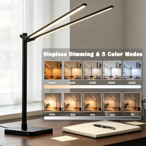 Desk Lamp for Home Office Dual Head 24W Swing Arm Task Lamp Black (Black / Large)