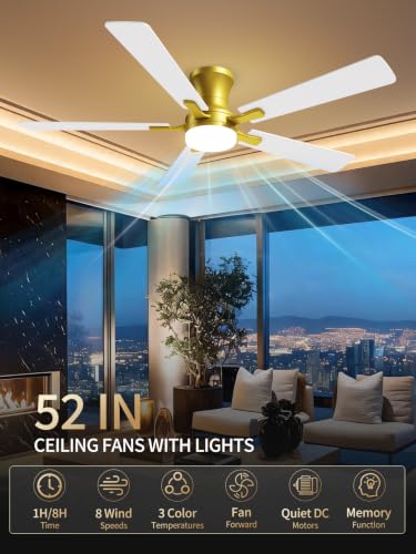 52 Inch White Gold Low Profile Ceiling Fan with Light and Remote (Gold White / 52 Inch)