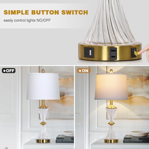 Crystal Glass Table Lamp with USB C+A Ports & AC Outlet