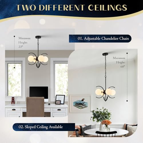 Black Sputnik Chandelier with Milk Glass Globe 4 Lights L16.5 Inch