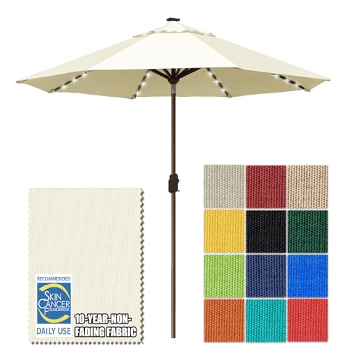 USA 10-Year-Non-Fading 10ft Market Patio Umbrella, Commercial Grade Table Sun Umbrella with 80 Solar LED Lights, Crank Open, Windproof & UPF 50+ UV Protection for Garden, Deck, Pool, Backyard, Natural