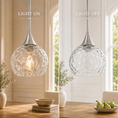 Brushed Nickel Pendant Lights 2 Pack with Hammered Glass for Kitchen Island (2 Count)