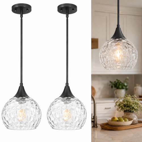 Modern Black Pendant Lights 2 Pack with Hammered Glass for Kitchen Sink (2 Count)