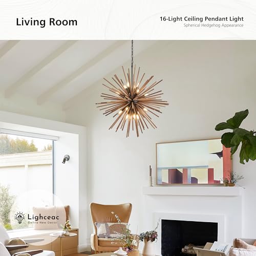 31.3" Farmhouse Sputnik Chandelier for Dining Room Rustic Handmade Natural Wood 16