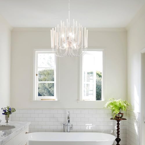 Whitewash Wood Large Chandelier Industrial Hanging Light Fixture 24Inch