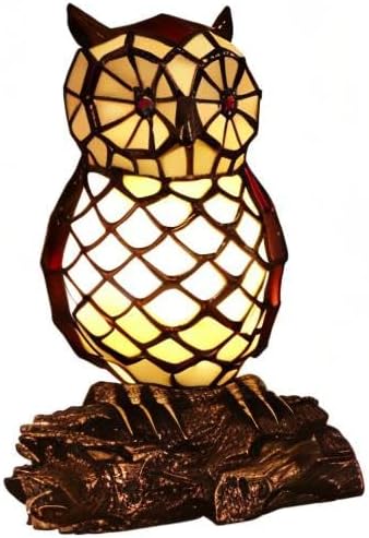 Bieye L10612 Owl on Branch Tiffany Style Stained Glass Accent Table Lamp Night Light, 10-inches Tall