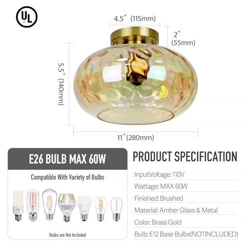 Brass Gold Semi Flush Mount Ceiling Fixture 11" Hammered Glass Shade Modern Close to Ceiling Lighting 1