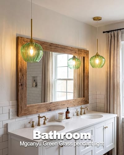 Green Glass Pendant Lights Kitchen Island with Brushed Gold Finish