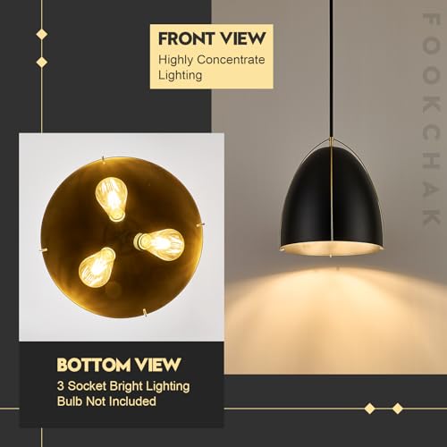 Black Dome Pendant Light 3 Light Socket Large Pendant Light Fixture with Adjustable Pendant Rod 12in Black Gold Pendant Lighting for Kitchen Island Dining Room Kitchen Sink