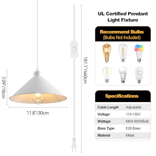 11.8IN Plug in Pendant Light 2 Pack Industrial Hanging Lamp White Vintage Pendant Lighting Fixtures with 15ft Cord On (2 Count)