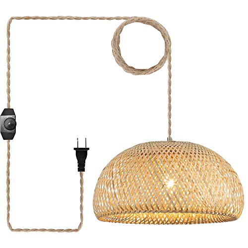 Bamboo Large Plug in Pendant Light with 14ft Handmade Woven Light Cord