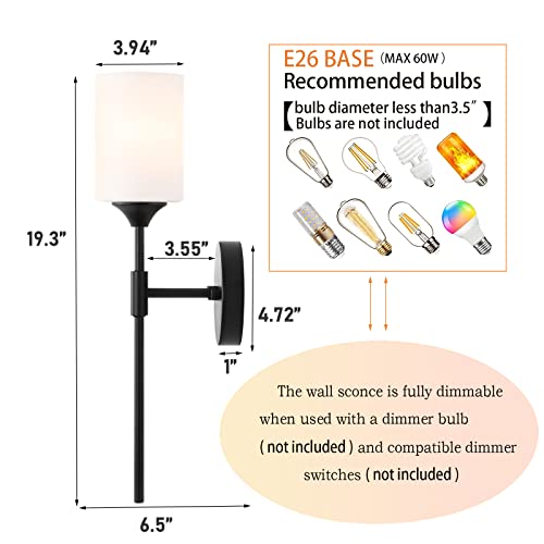 Mid Century Modern Wall Lamp 2 Pack with White Cylinder Glass Shades Matte Black Wall Sconce Bathroom Vanity Lighting Industrial Farmhouse Wall Light Fixtures for Mirror Bedroom Living Room (2 Count)