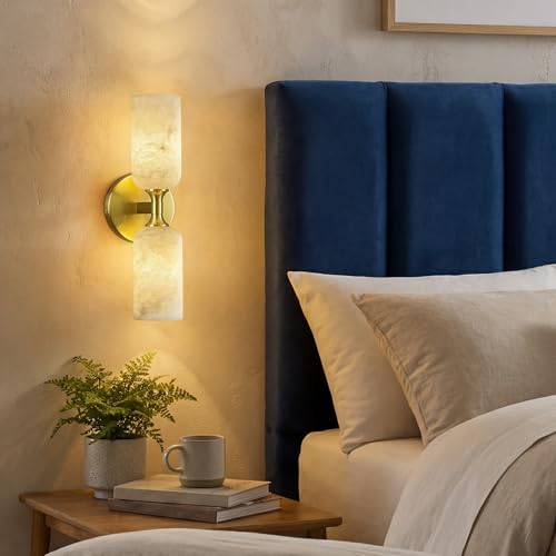 Natural Alabaster Wall Sconces Modern Gold Wall Lamp 14in Milky White Alabaster Vanity Wall Lighting for Bedroom Bathroom Staircases Hallway（Included G9 Bulb