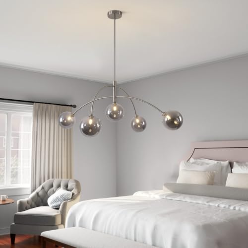 Modern Silver Chandelier 5 Light Smoke Gray Semi Flush Mount Chandelier Vintage Industrial Ceiling Light for Dining Room Kitchen Bedroom Hallway