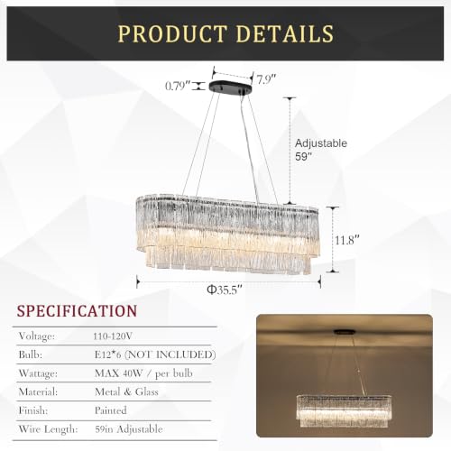 35.5" Rectangle Crystal Glass Chandelier 6