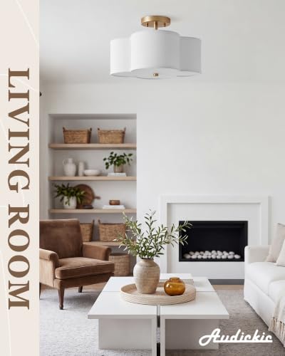 13.6" Gold Semi Flush Mount Ceiling Light with Fabric Shade
