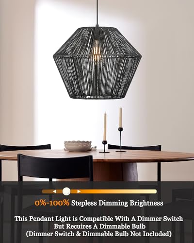 16.5” Large Modern Woven Chandelier Farmhouse Coastal Pendant Light Fixtures Matte Black Handwoven Rattan Basket Shade Boho Pendant Hanging Lamp for Kitchen Dining Room Bedroom Foyer Hallway