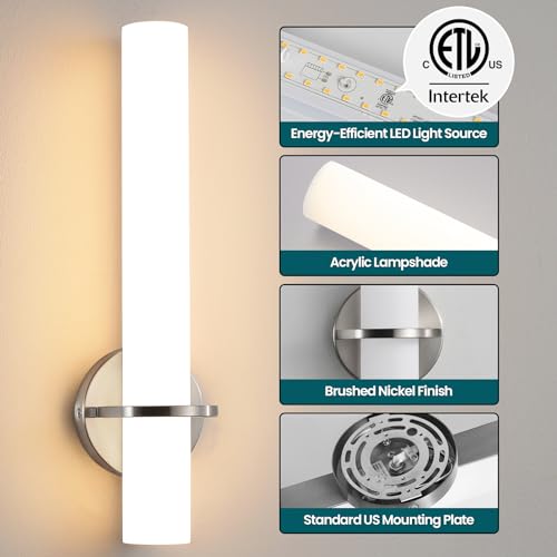 Brushed Nickel Bathroom Sconces Wall Lighting 18W LED Dimmable Vanity Light Fixture