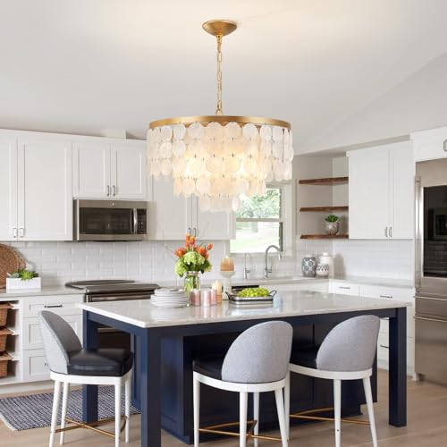 White and Gold Coastal Capiz Shell Chandelier