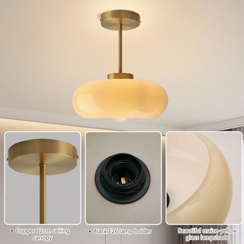 Mid Century Ceiling Light Fixtures Milk Glass Ceiling Lights Round Milk Yellow Shade Gold Brass Semi Flush Mount Ceiling Light Globe Glass Ceiling Lamp for Hallway Dining Room Kitchen