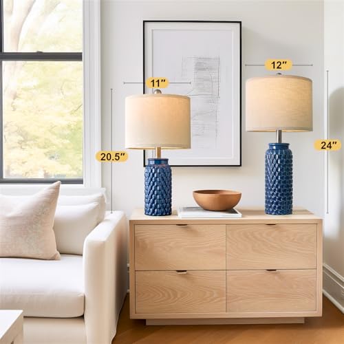 24 inches Modern Ceramic Dark Blue Bedside Lamp Set of 2 for Bedroom Decor Farmhouse Table Lamp for Living Room Office Dorm (2 Count)