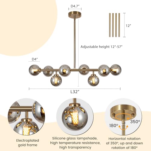 Sputnik Chandelier Gold Pendant Linear Light Modern Mid Century Light Fixture Grey Globe Shade for Dining Living Room Kitchen Island 8