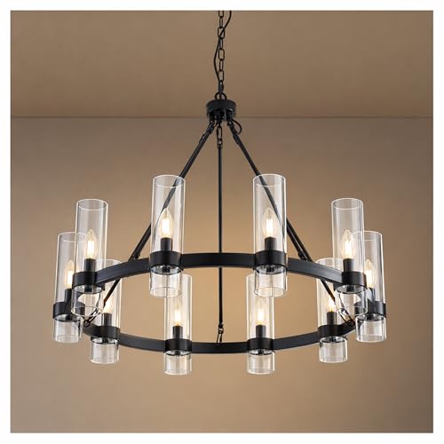 32 Inch Black Wagon Wheel Chandelier 10 Lights with Glass Shade