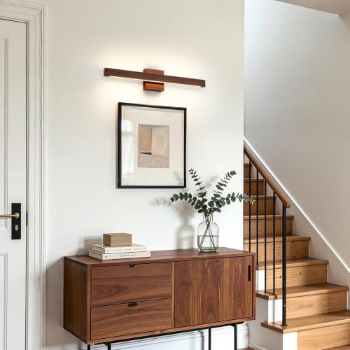 Bathroom Vanity Light 24 Inch Brown Wood Finish Bathroom Light Fixture Over Mirror with Up & Down Lighting 20W Dimmable 5CCT LED Vanity Lighting Fixture Bar for Restroom Bedroom