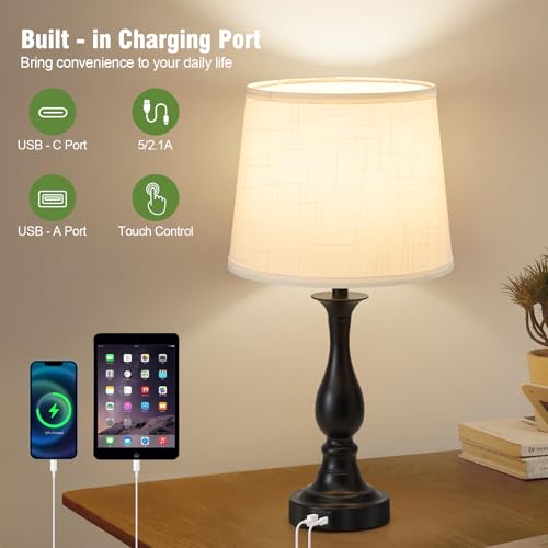 Bedside Table Lamp Touch Control Bedroom Lamps with USB A + C Charging Port 3 Way Dimmable Touch Lamps for Nightstand Living Room Bedroom Dorm Home Office Reading (2 Count)