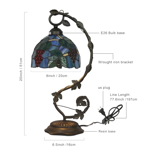 Tiffany Style Table Lamp Tulip Style Stained Glass Desk Light 8x10x21 Inch Bronze Metal Leaf Base Vintage Art Deco Desk Lamp for Bedroom