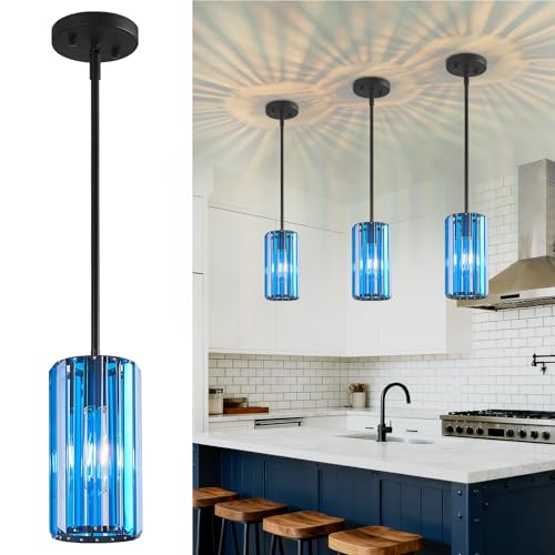 Modern Crystal Pendant Light Mini Dark Blue Chandeliers Adjustable Pendant Lights Fixture for Kitchen Island Dinning Room Corridor Bedroom (3 Count)