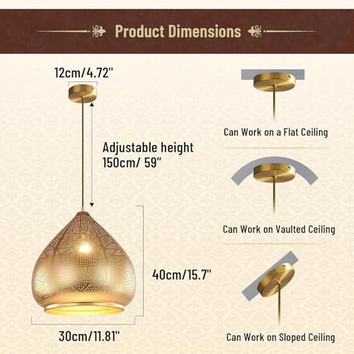 2 Pack Hanging Pendant Light Gold Turkish Moroccan Ceiling Light 11.8 Inch Metal Dome Shade Industrial Hanging Light for Dining Room Bedroom Kitchen Island